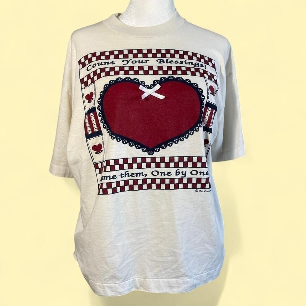 Vtg 90s Count your blessings Heart Bow Granny‎ Cottagecore Single Stitch Shirt
